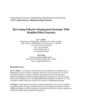 PDF Document Cover - Harvesting Fisheries Management Strategies With Modified Effort Function - Analysis