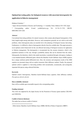 PDF Document Cover - Optimal Harvesting Policy for Biological Resources with Uncertain Heterogeneity in Fisheries Management